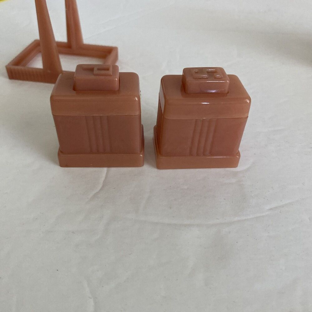 Vintage Art Deco Carvanite 3 Pc Salt Pepper Shaker Set Dusty Rose Box - Picture 6 of 16